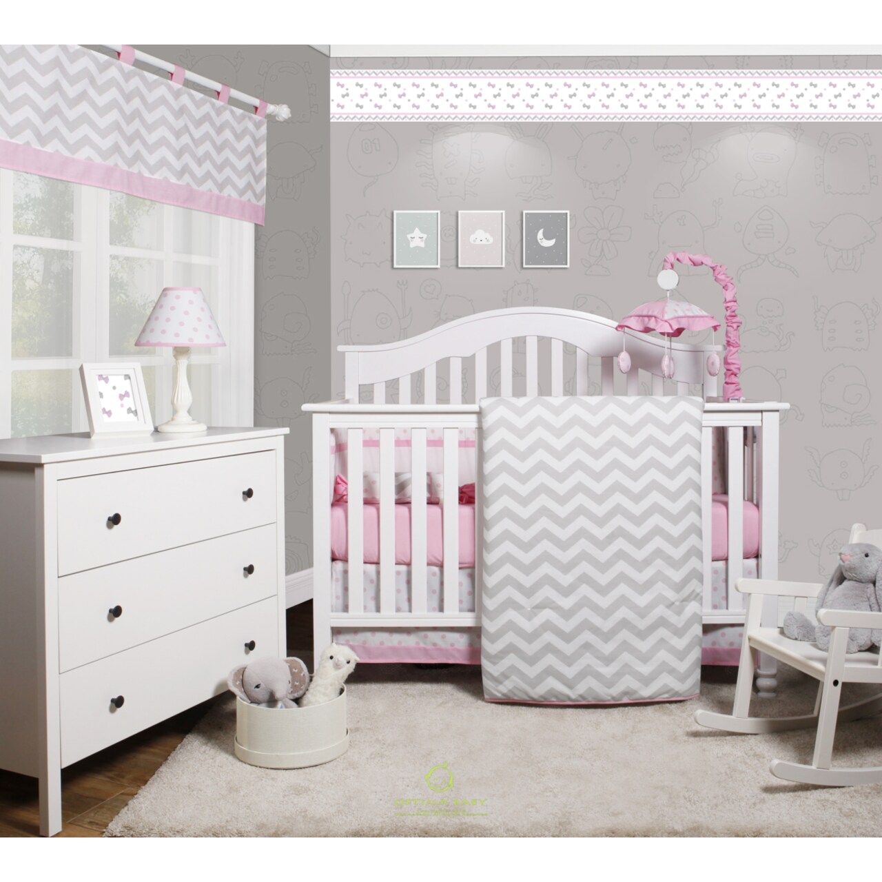 OptimaBaby Bumperless 7PCS Pink Chevron Baby Bedding Set Including Mobile and Lamp Shade